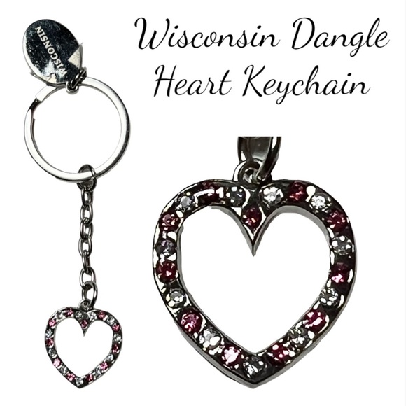 NWT Wisconsin Dangle Red & White Rhinestone Heart Keychain - Picture 1 of 6